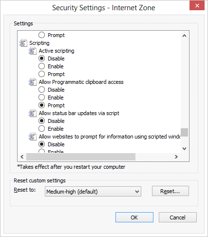 Security Settings Window